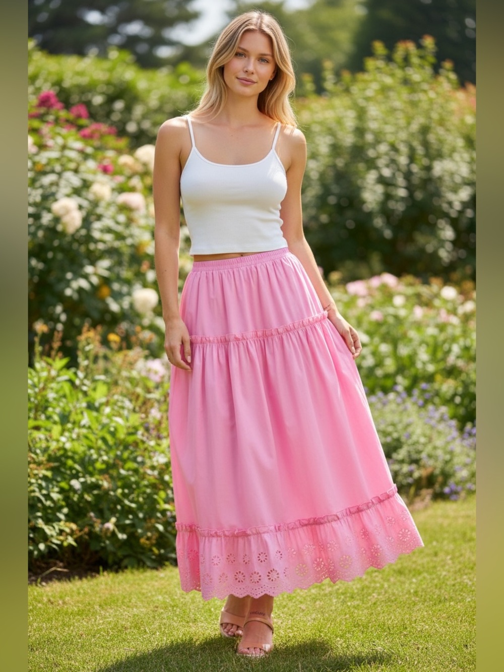 HYFVE |Tiered Eyelet Maxi Skirt | Pink| S, M & L